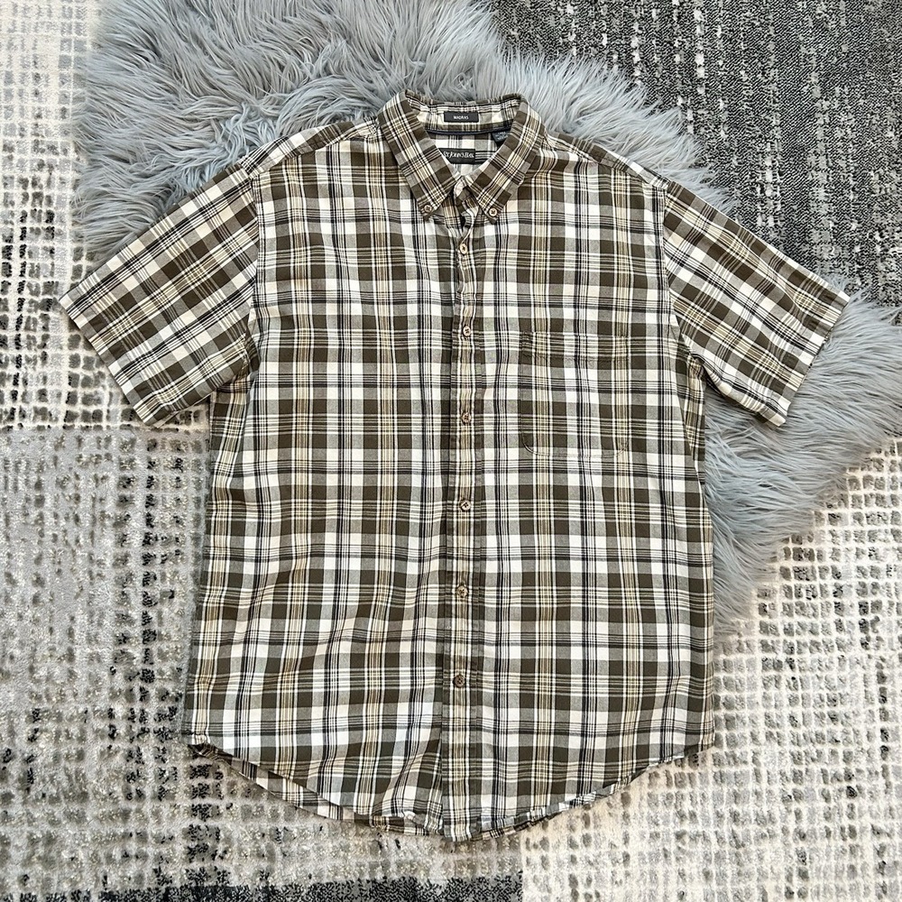 St Johns Bay‎ Madras Brown White Tan Plaid Short Sleeve Button Down Size Large